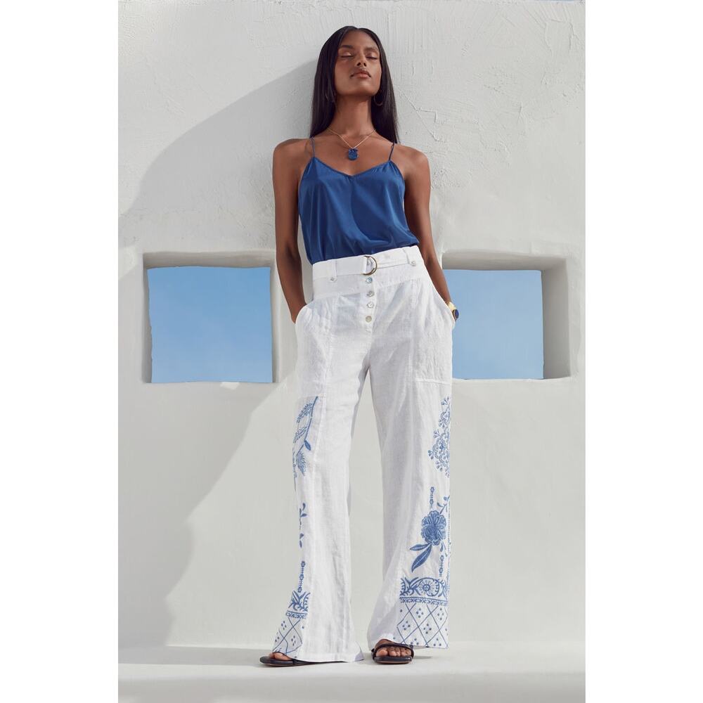 Johnny Was JW Los Angelas Lyra 100% Linen Belted Wide Leg Pant White Blue XS